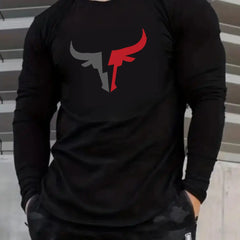 Men's 100% pure cotton loose fit plus size comfortable casual sports bull pattern printed round neck long sleeved T-shirt top