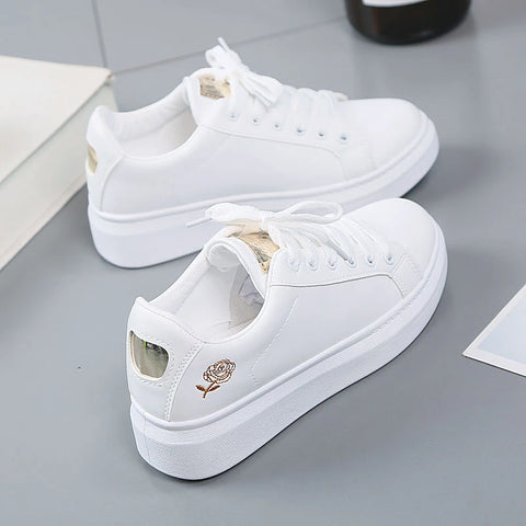 Women Leather Pu Casual Shoes New 2025 Woman Shoes Fashion Embroidered White Sneakers Breathable Flower Lace-Up Women Sneakers