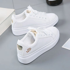 Women Leather Pu Casual Shoes New 2025 Woman Shoes Fashion Embroidered White Sneakers Breathable Flower Lace-Up Women Sneakers