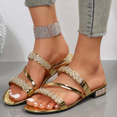 Summer New Women Slippers Medium Heel Thick Heel Slippers Open Toe High Heel Rhinestones Shoes Lightweight Sandals Slides Women