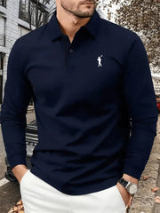 Men's Autumn Collared Polo Shirt Solid-Color Long-Sleeve Polo with Minimalist Chest Print Suitable for Business Casual and Golf