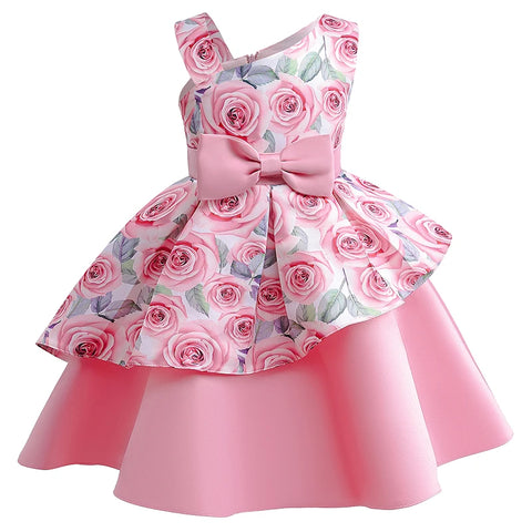Roses Girls Dress Summer Sleeveless One Shoulder Bow Princess Kids Dress Christmas Birthday Party Costumes Children Clothing
