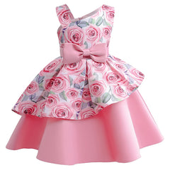 Roses Girls Dress Summer Sleeveless One Shoulder Bow Princess Kids Dress Christmas Birthday Party Costumes Children Clothing