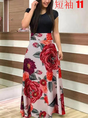Retro Elegant Commuter Style Polka Dot High Waist  Flower Print Color Matching Short Sleeved Dress