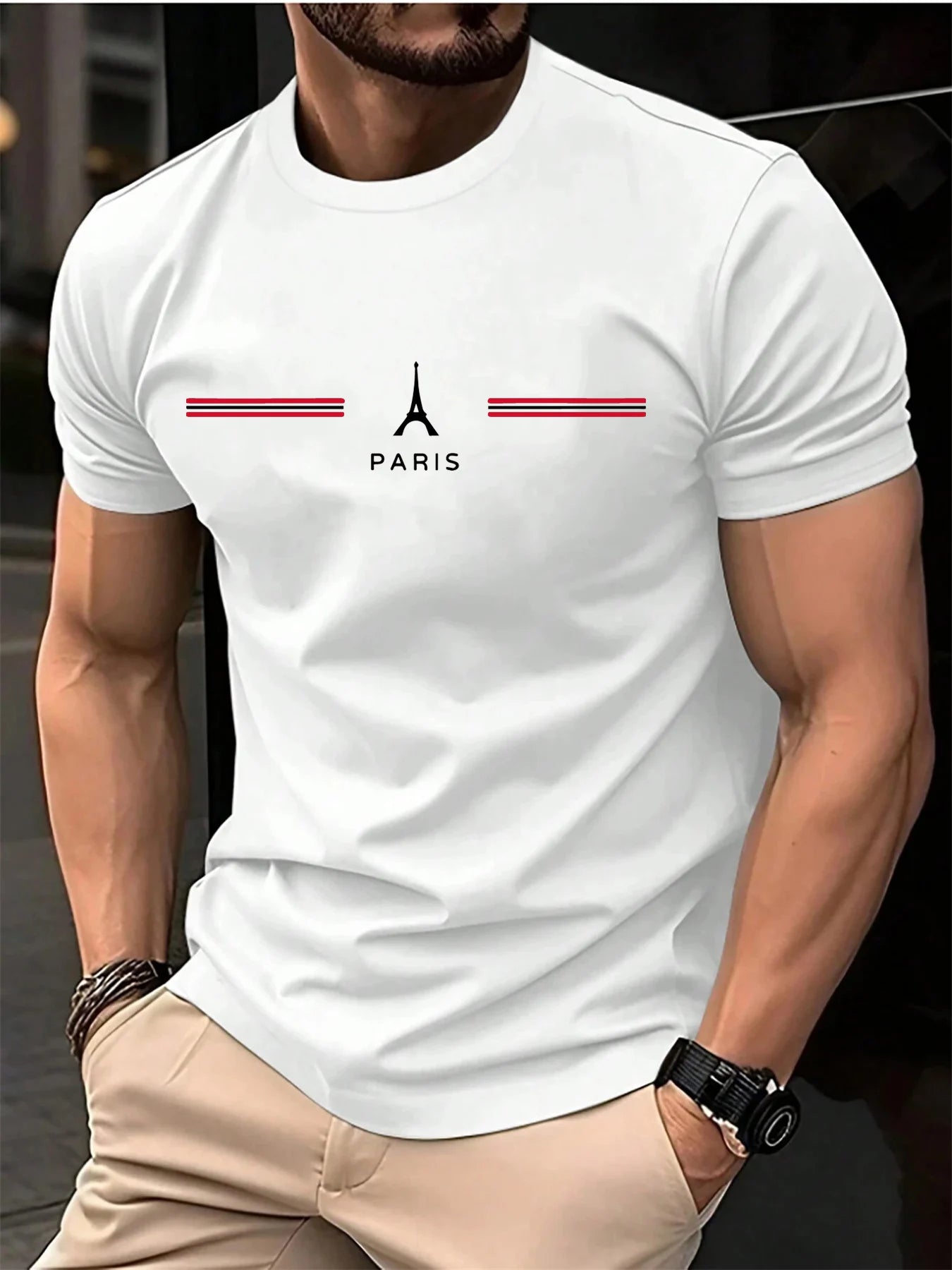 Men's 100% pure cotton summer loose oversized casual Paris letter printed sports round neck short sleeved T-shirt top