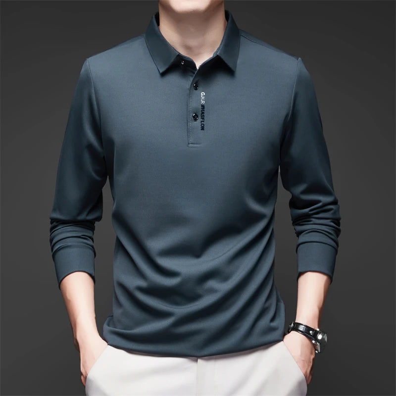 New Men's Business Casual Long Sleeved Shirt with Badge Solid Color Polo Shirt