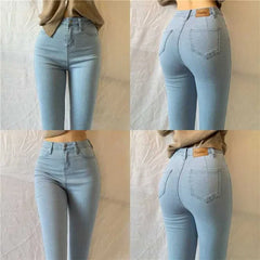 High Waist plus Size Denim Jeans Women's Tight Fit Butt Enhancing Pencil Pants New Arrival Light Blue Casual Long Trousers