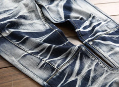 Jeans Men Vintage Distressed Pencil Pants Mid Waist Zipper Pockets Slim Ankle Length Trousers
