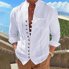 2025 Men's New Cotton and Linen Pocket Retro Stand-Up Collar Long-Sleeved Shirt Casual Multi-Button