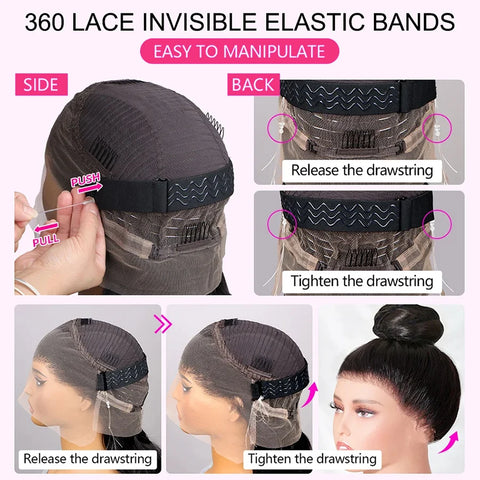 Invisi-Strap 360 Lace Frontal Body Wave Human Hair Glueless Wigs With Drawstring Plucked & Bleached 220% Density For Women