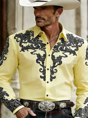 Men's Western Cowboy Style Fashion Print Long-Sleeve Shirt, Retro Lapel Slim Fit, Outdoor Casual Shirt, Sizes XS-6XL, 21 Colors