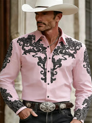 Men's Western Cowboy Style Fashion Print Long-Sleeve Shirt, Retro Lapel Slim Fit, Outdoor Casual Shirt, Sizes XS-6XL, 21 Colors