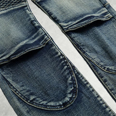 New American high street men's blue washed jeans nostalgic motorcycle pleated riding knee pants casual pants