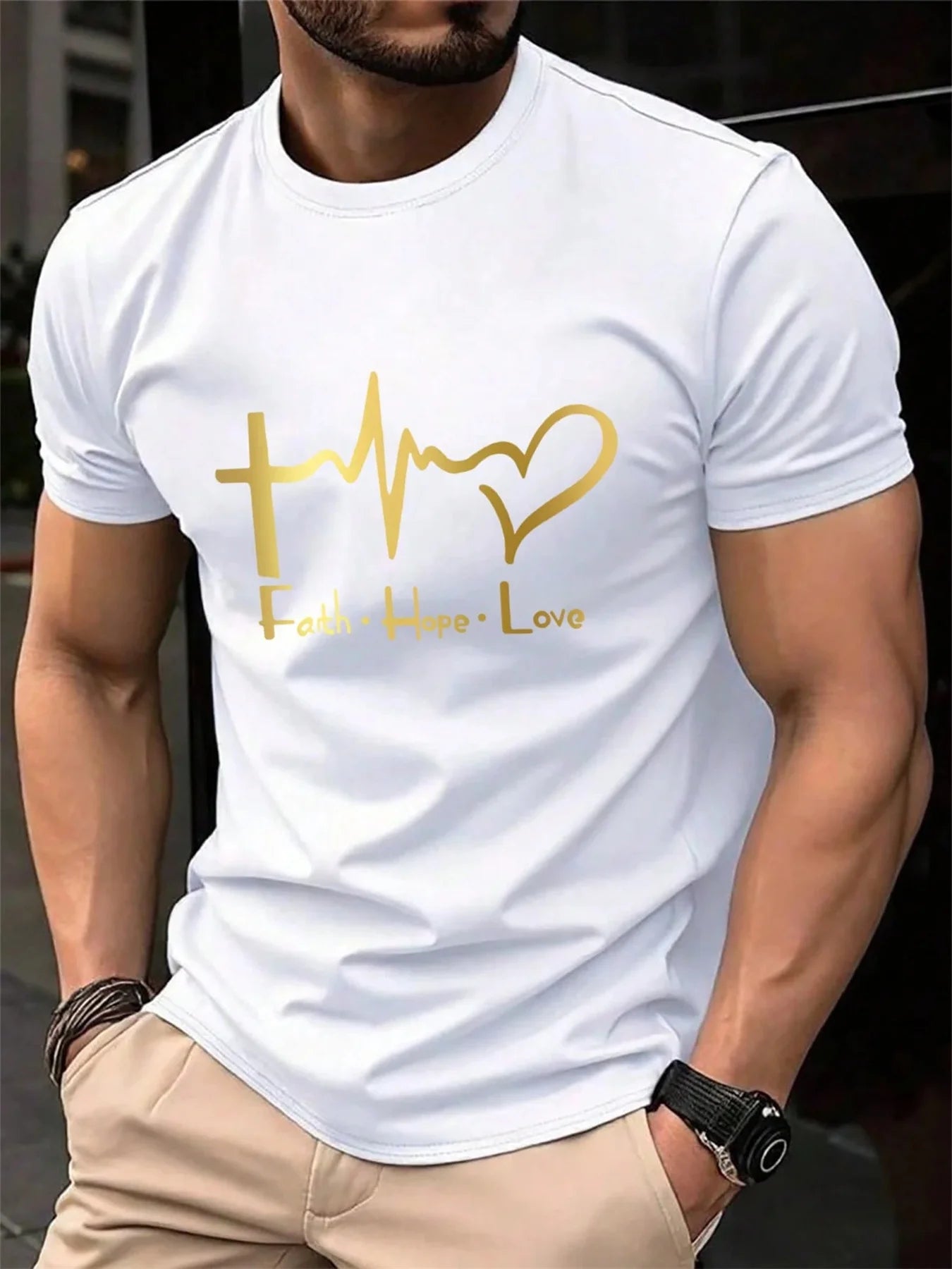 Men's Summer polyester Fashionable Casual Loose Large Size FAITH HOPE LOVE Sports Rd Neck Short Sleeve T-shirt Top