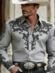 Men's Western Cowboy Style Fashion Print Long-Sleeve Shirt, Retro Lapel Slim Fit, Outdoor Casual Shirt, Sizes XS-6XL, 21 Colors