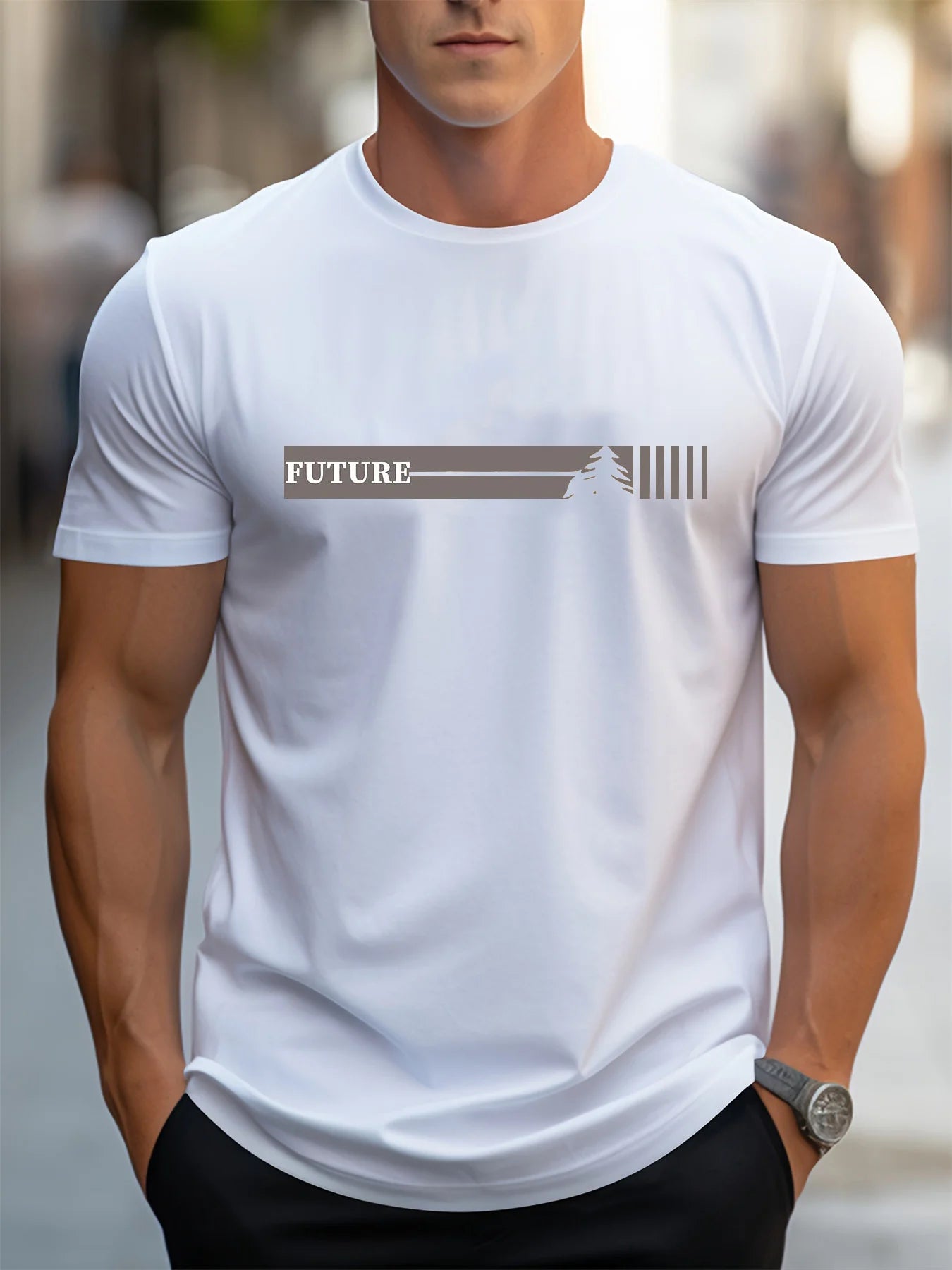 Men's Summer 100 Cotton Fashionable Casual Loose Plus Size Future Pattern Printed Sports Round Neck Short Sleeve T-shirt Top
