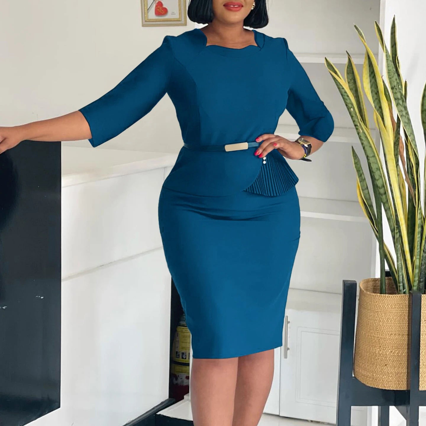 L-3XL Plus Size Elegant Midi Dress 2025 Spring Summer Women Office Lady Dress