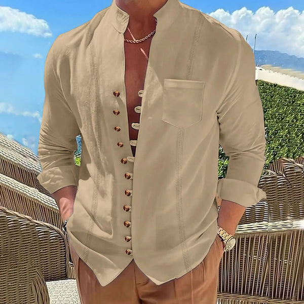 2025 Men's New Cotton and Linen Pocket Retro Stand-Up Collar Long-Sleeved Shirt Casual Multi-Button