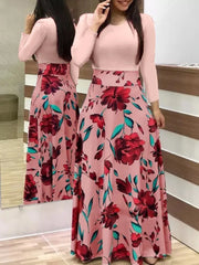 Retro Elegant Commuter Style Polka Dot High Waist  Flower Print Color Matching Short Sleeved Dress