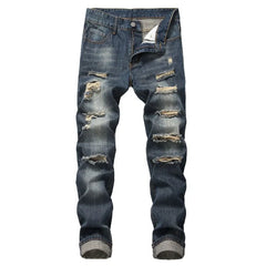 American Fashion Street Style Ripped Skinny Jeans  Street Riding Stretch Slim Fit Straight Pants Patchwork  Denim Trousers Male