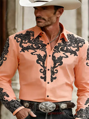 Men's Western Cowboy Style Fashion Print Long-Sleeve Shirt, Retro Lapel Slim Fit, Outdoor Casual Shirt, Sizes XS-6XL, 21 Colors