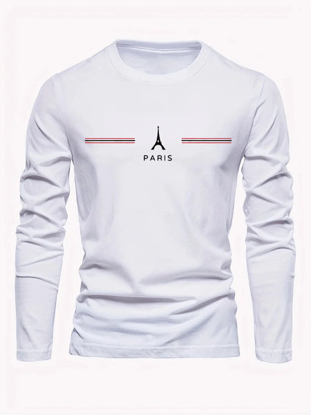 Men's 100% pure cotton loose fit plus size comfortable casual sports Paris letter printed round neck long sleeved T-shirt top