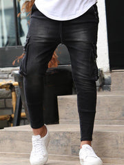 New Men's Slim Fit Stretch Jeans Casual Fashion Multi Pocket Cargo Denim Pants High  Jeans Work Hip Hop