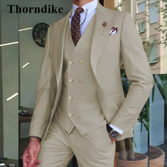 Gwenhwyfar 2024 Men Suits Khaki Color Peaked Lapel (Jacket+Vest+Pants) Slim Fit Handsome Formal Business Costume Homme