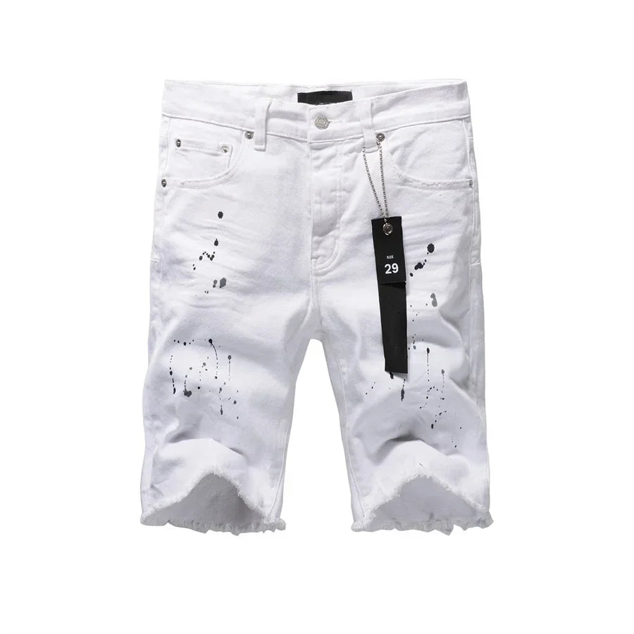 Top quality New Purples Jeans Men Trendy Elastic Edged Middle brands Pants Irregular white Color Washed Denim Shorts pants
