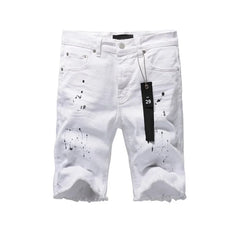 Top quality New Purples Jeans Men Trendy Elastic Edged Middle brands Pants Irregular white Color Washed Denim Shorts pants
