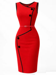 Women’s Elegant  Color Block Asymmetrical Neck Sleeveless Summer Knee Length Cocktail dress