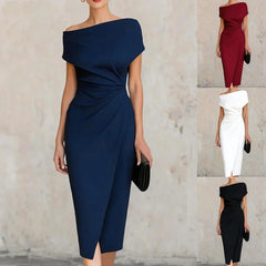 2026 Elegant One Shoulder Commute Midi Dress Summer Women Casual Hight Waist Solid Party Dress Fashion Draped Slim Skinny Dress