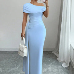 Sheath Dress Women Party Long Dresses Asymmetrical Diagonal Collar Slim Folds Maxi Gown Summer 2025 Female Sexy Vestidos