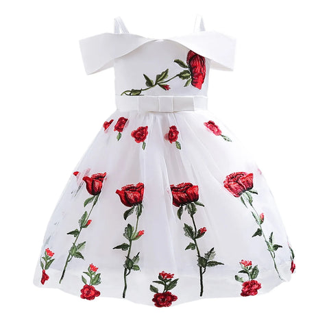 Girls Skirt Fashion Flower Printed Dress Off Shoulder Princess Skirt Children Rose Embroidery Mesh Skirt Frocks