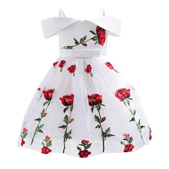Girls Skirt Fashion Flower Printed Dress Off Shoulder Princess Skirt Children Rose Embroidery Mesh Skirt Frocks