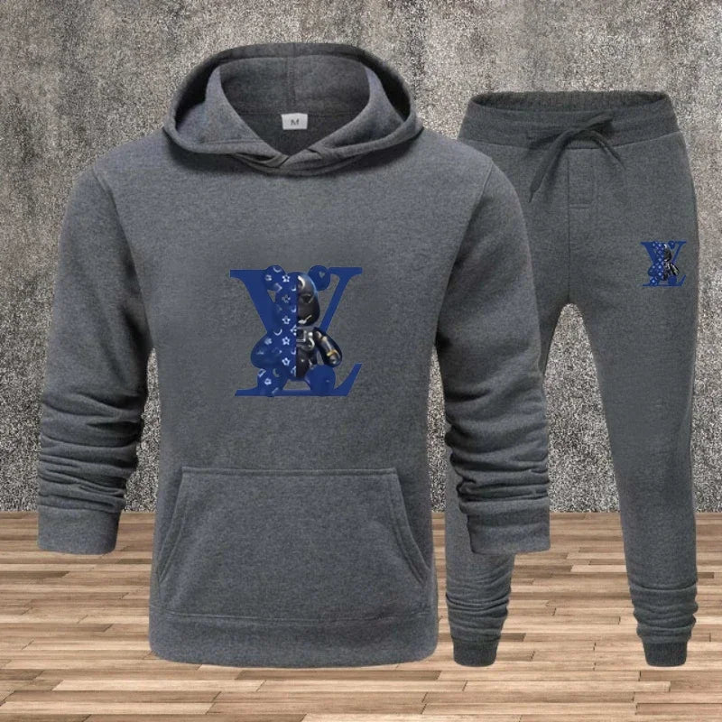 Men's hooded pullover + sweatpants fitness set for autumn and winter, casual jogging two-piece set