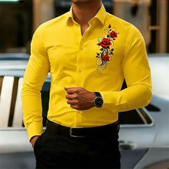 Men's Long-Sleeved Shirt, Featuring a Vintage Red Rose Print Design. A Stylish
