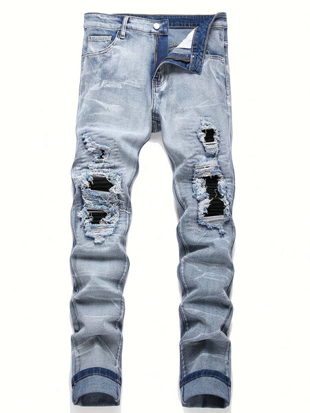 Men‘s Stretchy Denim Jeans Streetwear Tearing Patchwork Holes Ripped denim elastic