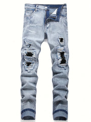 Men‘s Stretchy Denim Jeans Streetwear Tearing Patchwork Holes Ripped denim elastic