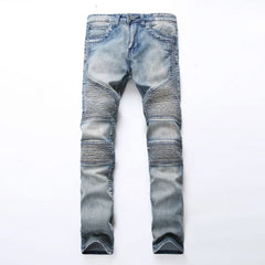 Trendy Brand Motorcycle Men's Jeans Unique Ripped Slim Fit Streetwear High Elasticity Smooth Slimming Effect Casual Denim