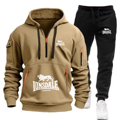 A two-piece casual, loose and warm sportswear set featuring a pullover hoodie and jogging pants for men's autumn and winter