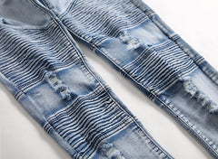 Trendy Brand Motorcycle Men's Jeans Unique Ripped Slim Fit Streetwear High Elasticity Smooth Slimming Effect Casual Denim