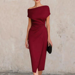 2026 Summer Women's New One-shoulder Waist Pleated Dress Banquet Commuting Slit Dress