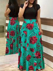 Retro Elegant Commuter Style Polka Dot High Waist  Flower Print Color Matching Short Sleeved Dress