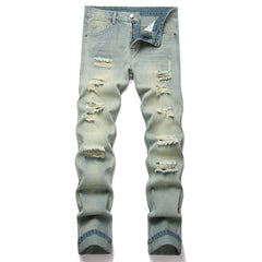 American Fashion Street Style Ripped Skinny Jeans  Street Riding Stretch Slim Fit Straight Pants Patchwork  Denim Trousers Male