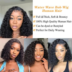 Short Curly Water Wave Human  Bob Wigs Transpare Lace F