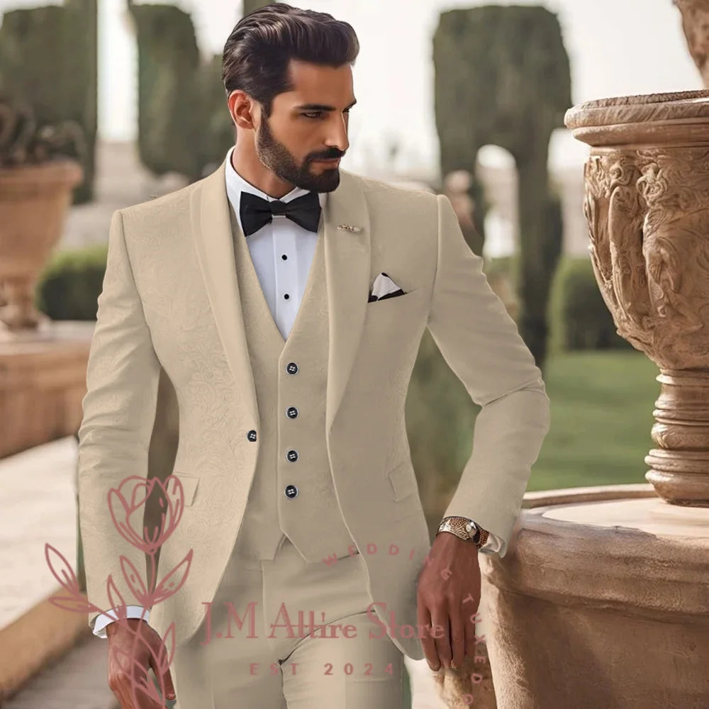 Men's White Jacquard Suit 3pcs Jacket Vest Pants Elegant Formal Fashion Set for Groom Wedding Prom Party Stylish Custom Tuxedo