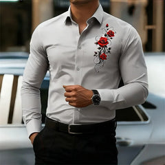 Men's Long-Sleeved Shirt, Featuring a Vintage Red Rose Print Design. A Stylish
