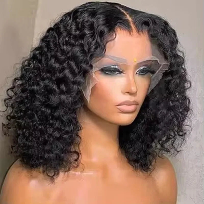 Deep Wave Short Bob Cut Natural Black Color 13X4 HD Lace Front Synthetic Wig For Black Women Preplucked Cosplay Daily Glueless