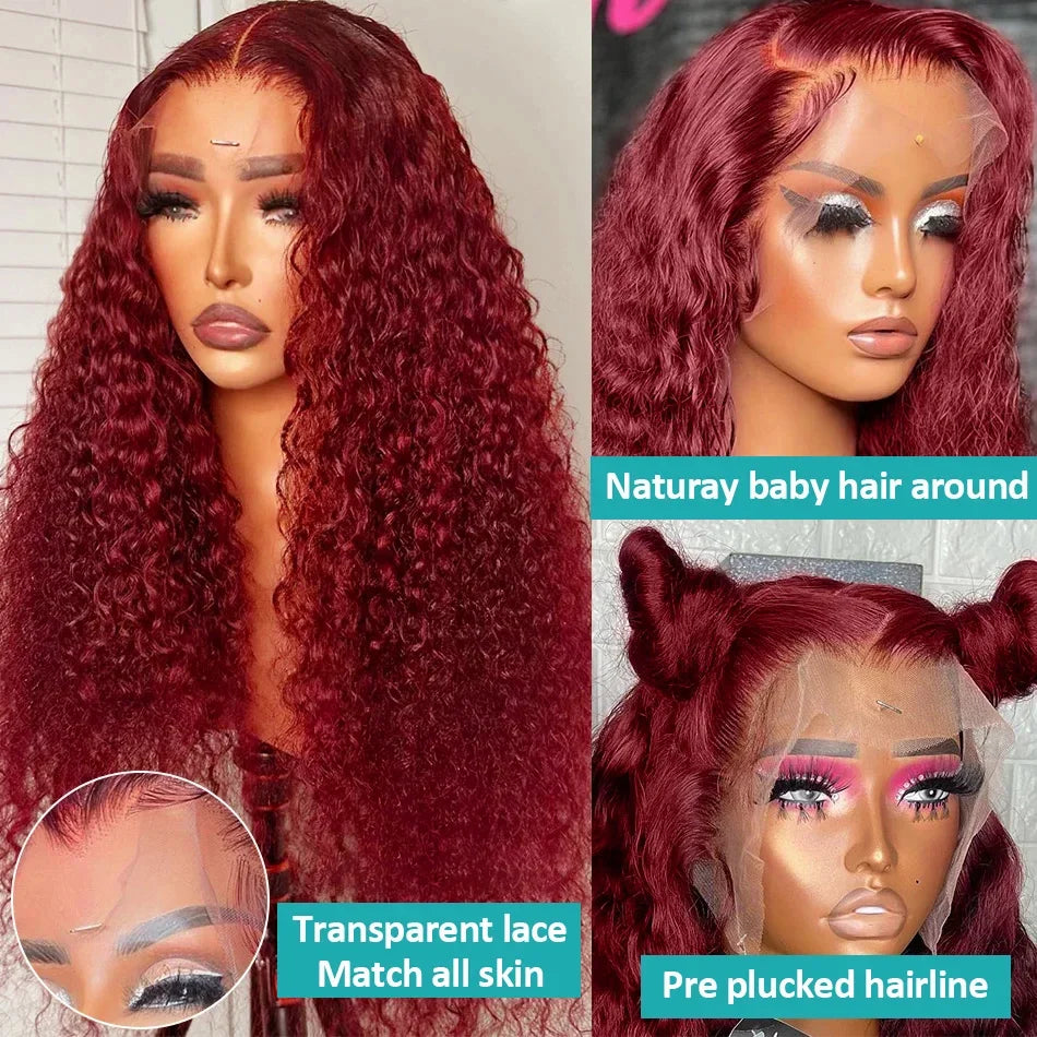 99J Burgundy Deep Wave 13x6 Transparent Lace Frontal Wig Water Wave Human Hair 13x4 13x5 Lace Front Wine Red Color Curly Wigs